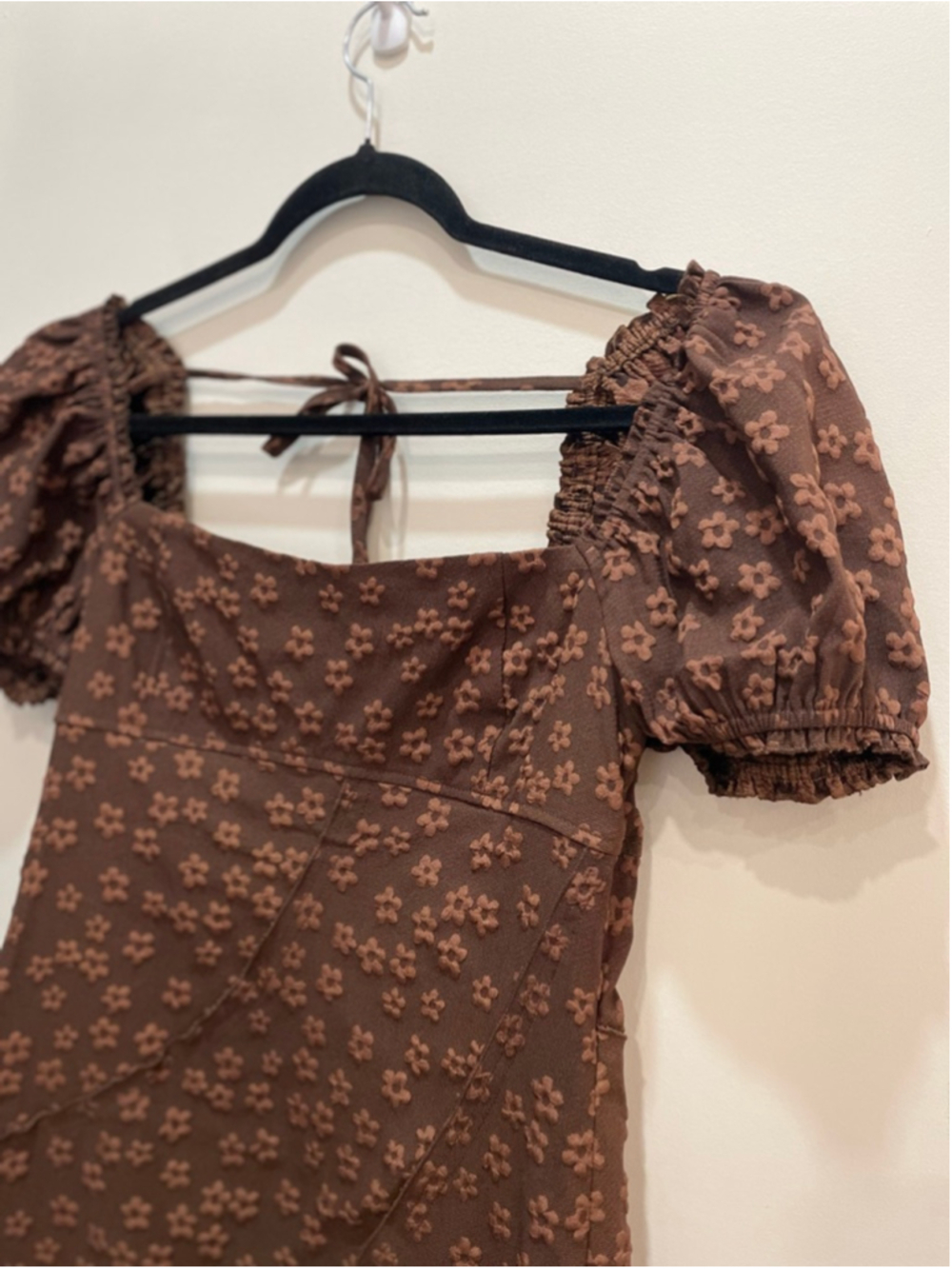 STORIA Brown Floral Babydoll Mini Dress L Puff Sleeves Fairy Grunge Asymmetric - Picture 2 of 9